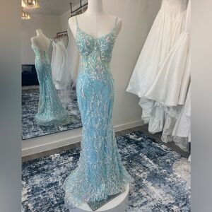 Elegant Blue Prom Sequin Gown, Sz 2